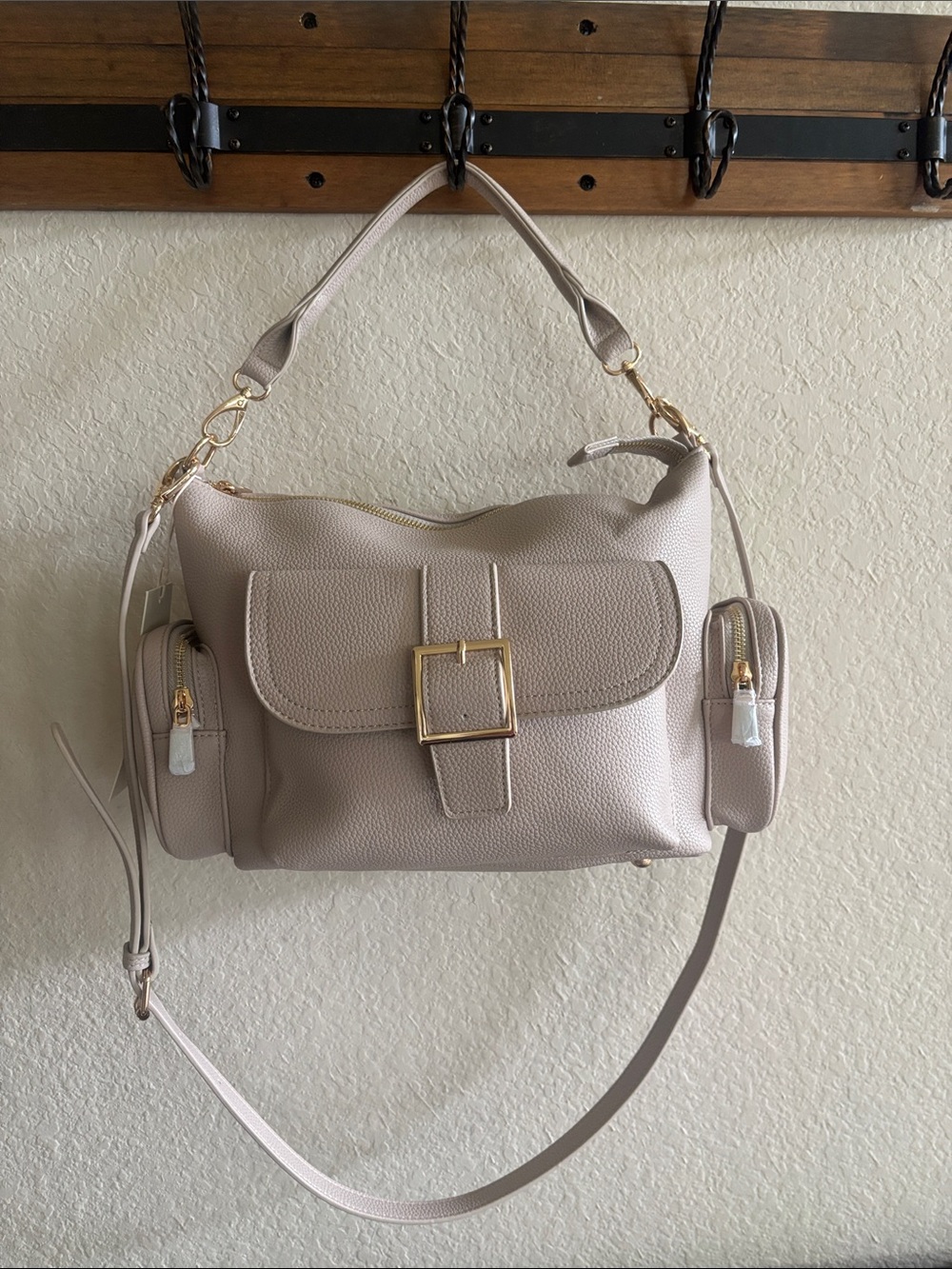 Women's Neutral Leather Shoulder Bag with Gold Buckle